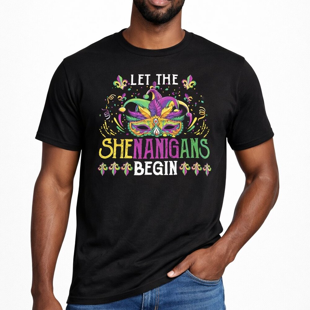 Men’s XL Mardi Gras Graphic T-Shirt “Let The Shenanigans Begin” Black